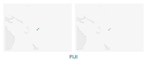 Two versions of the map of Fiji, with the flag of Fiji and highlighted in dark grey. vector