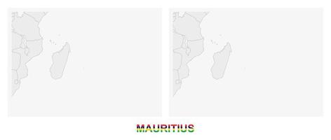 Two versions of the map of Mauritius, with the flag of Mauritius and highlighted in dark grey. vector