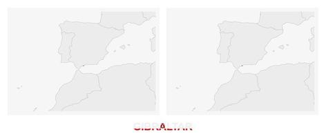 dos versiones del mapa de gibraltar, con la bandera de gibraltar y resaltada en gris oscuro. vector