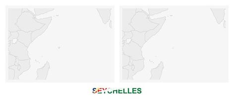 Two versions of the map of Seychelles, with the flag of Seychelles and highlighted in dark grey. vector