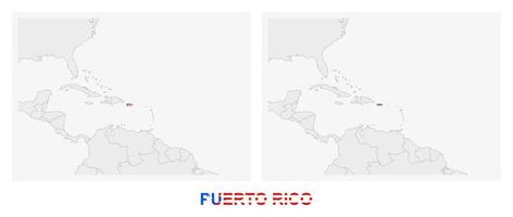 Two versions of the map of Puerto Rico, with the flag of Puerto Rico and highlighted in dark grey. vector