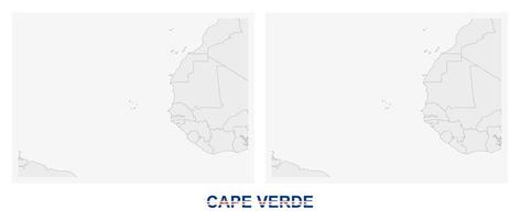 Two versions of the map of Cape Verde, with the flag of Cape Verde and highlighted in dark grey. vector