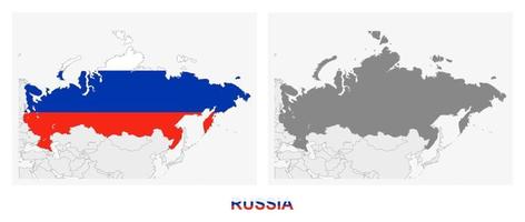 Two versions of the map of Russia, with the flag of Russia and highlighted in dark grey. vector