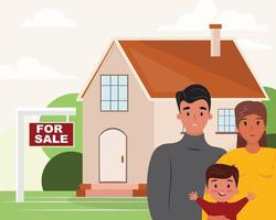 Se vende familia con un chico al lado de la casa. gente revisando la casa. hipoteca, reubicación, familia, compra, propiedad, ilustración del concepto inmobiliario con la familia y la casa. vector