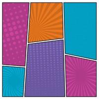 Colorful comic book page background in pop art style. Empty template with rays and dots pattern. Vector illustration