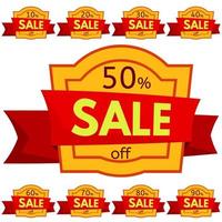Set of discount stickers. Yellow badges with red ribbon for sale 10 - 90 percent off. Vector illustration.