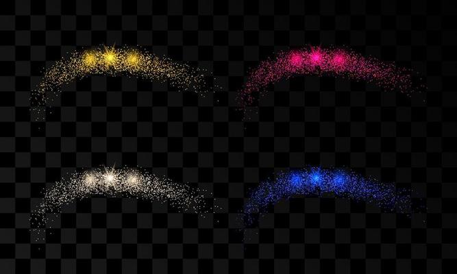Set of four light wave with gold, silver, red and blue glitter effects on a dark transparent background. Abstract swirl lines. Vector illustration