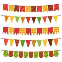 Colorful flags and bunting garlands for decoration. Decor elements with various patterns. Vector illustration