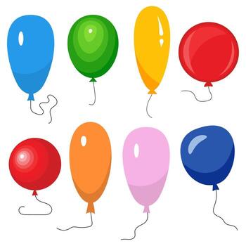 Set of eight colorful balloons with a string isolated on white background. Vector illustration