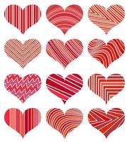 Set of different red hearts. Twelve hearts isolated on white background. Symbol of love. Elements for wedding template. vector