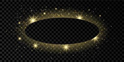 Golden oval frame with glitter, sparkles and flares on dark transparent background. Empty luxury backdrop. Vector illustration.