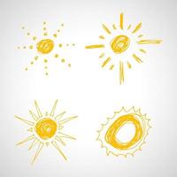 Hand drawn suns. Set of four simple sketch suns. Solar symbol. Yellow doodle isolated on white background. Vector illustration.