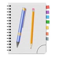 Notebook with colored bookmarks, blue pen and yellow pencil on a white background vector