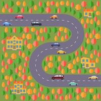 Plan of village. Landscape with the road, autumn forest, cars and houses. Vector illustration