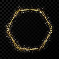 Gold double hexagon frame. Modern shiny frame with light effects isolated on dark transparent background. Vector illustration.