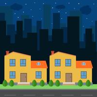 Vector night city with cartoon houses and buildings. City space with road on flat style background concept. Summer urban landscape. Street view with cityscape on a background