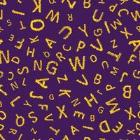 Doodle alphabet seamless background. Endless vector pattern with yellow letters on a purple background.