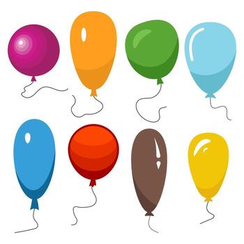 Set of eight colorful balloons with a string isolated on white background. Vector illustration