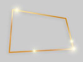 Shiny frame with glowing effects. Gold quadrangular frame with shadow on grey background. Vector illustration