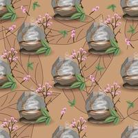Endless tea pattern. seamless pattern with cup of tea, cherry blossoms and rosary vector
