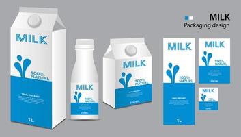 diseño de paquete de leche, diseño de etiquetas de leche, juego de cajas de leche y vector de botella, ilustración 3d realista de caja, plantilla de embalaje creativa, diseño de producto, pancarta de alimentos, vector de elementos gráficos de caída