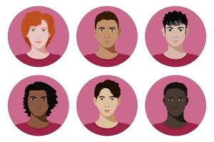 Set of vector teenagers or students diverse badges in realistic flat style on light viva magenta background.