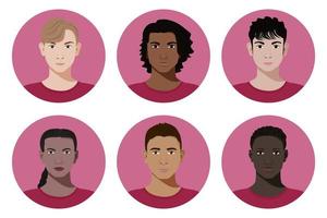 Set of vector teenagers or students diverse badges in realistic flat style on light viva magenta background.