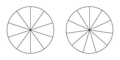 gráfico circular, conjunto de diagramas, diez y once secciones o pasos. iconos circulares para infografía, presentación, diseño web, interfaz de usuario. gráfico de negocios simple. vector