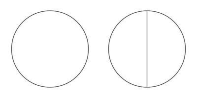 Pie chart, diagram set, one and two sections or steps. Circle icons for infographic, presentation, web design, user interface. Simple business chart.