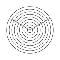 plantilla de la rueda de la vida. herramienta de entrenamiento simple para visualizar todas las áreas de la vida. cuadrícula polar de 3 segmentos y 8 círculos concéntricos. papel cuadriculado polar en blanco. diagrama circular del equilibrio del estilo de vida. vector