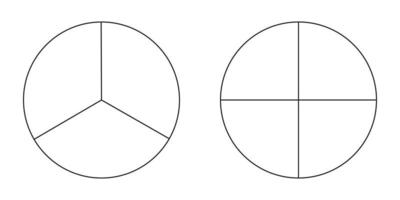 Pie chart, diagram set, three and four sections or steps. Circle icons for infographic, presentation, web design, user interface. Simple business chart. vector