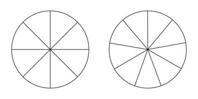 Pie chart, diagram set, eight and nine sections or steps. Circle icons for infographic, presentation, web design, user interface. Simple business chart.