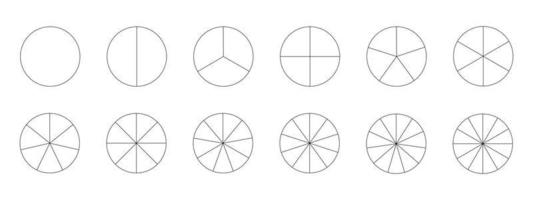 Segmented charts collection isolated on a white background. Many number of sectors divide the circle on equal parts. Outline black thin graphics. Set of pie charts. vector