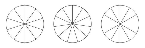 Segmented charts collection. Many number of sectors divide the circle on equal parts. Outline black thin graphics. Set of pie charts. vector