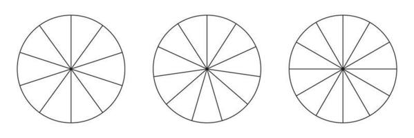 Segmented charts collection. Many number of sectors divide the circle on equal parts. Outline black thin graphics. Set of pie charts. vector