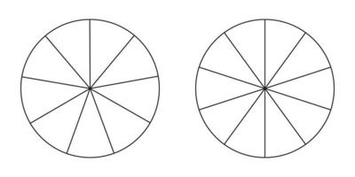 Pie chart, diagram set, nine and ten sections or steps. Circle icons for infographic, presentation, web design, user interface. Simple business chart.