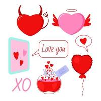 conjunto de vectores del día de san valentín. poción de amor, ipad con corazones, globo, corazones angel y davil