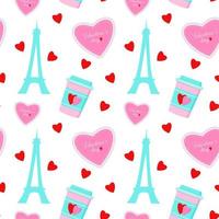 Valentine s Day background. Illustration Eiffel Tower. Pink heart. Vector seamless pattern.