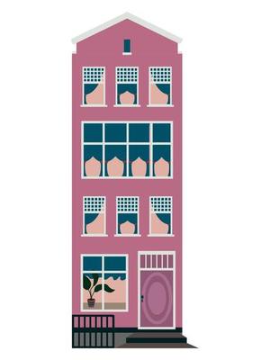 Illustration of the facade of a pink house in the city with windows and curtains