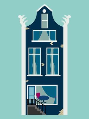 Illustration of the facade of a blue house in the city with windows and curtains