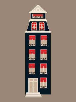 Illustration of the facade of a house in the city with windows and curtains