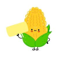 Cute funny corn character with speech bubble. Vector hand drawn cartoon kawaii character illustration icon. Isolated on white background. Corn character concept