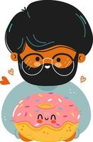 Young cute funny men hold Donut in hand. Young boy hugs cute Donut. Vector hand drawn doodle style cartoon character illustration icon design. Isolated on white background