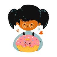 Young cute funny girl hold Donut in hand. Girl hugs cute Donut. Vector hand drawn doodle style cartoon character illustration icon design. Isolated on white background