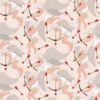 A pattern of cupids shooting at hearts and looking for a soul mate. Hunting for flying hearts. Angels with wings bows and arrows. Printing on textiles and paper. Cute retro style gift wrapping vector