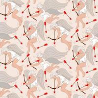 A pattern of cupids shooting at hearts and looking for a soul mate. Hunting for flying hearts. Angels with wings bows and arrows. Printing on textiles and paper. Cute retro style gift wrapping vector