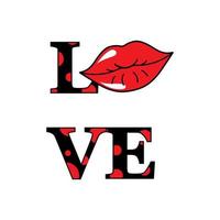 Love and kiss lips print. Woman t-shirt design. Fashion print composition for ladies textile wear, top, shirt, blouse. Vector illustration on white background