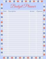 Budget planner page design template. Flower print notebook page design. Vector illustration