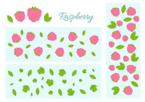 Set of different patterns of pink raspberries, green leaves on a blue background vector