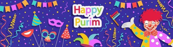 Banner for Jewish holiday Purim with masks and traditional props. Happy Purim wish, congratulations. Vector illustration